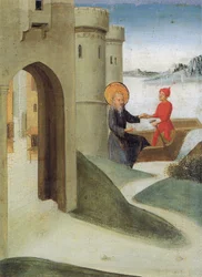 Weingartener Heilig-Blut-Tafel de 1489. Landesmuseum Württemberg, Stuttgart. Tafel 4: Longinus quitte Jérusalem et part en bateau pour l
